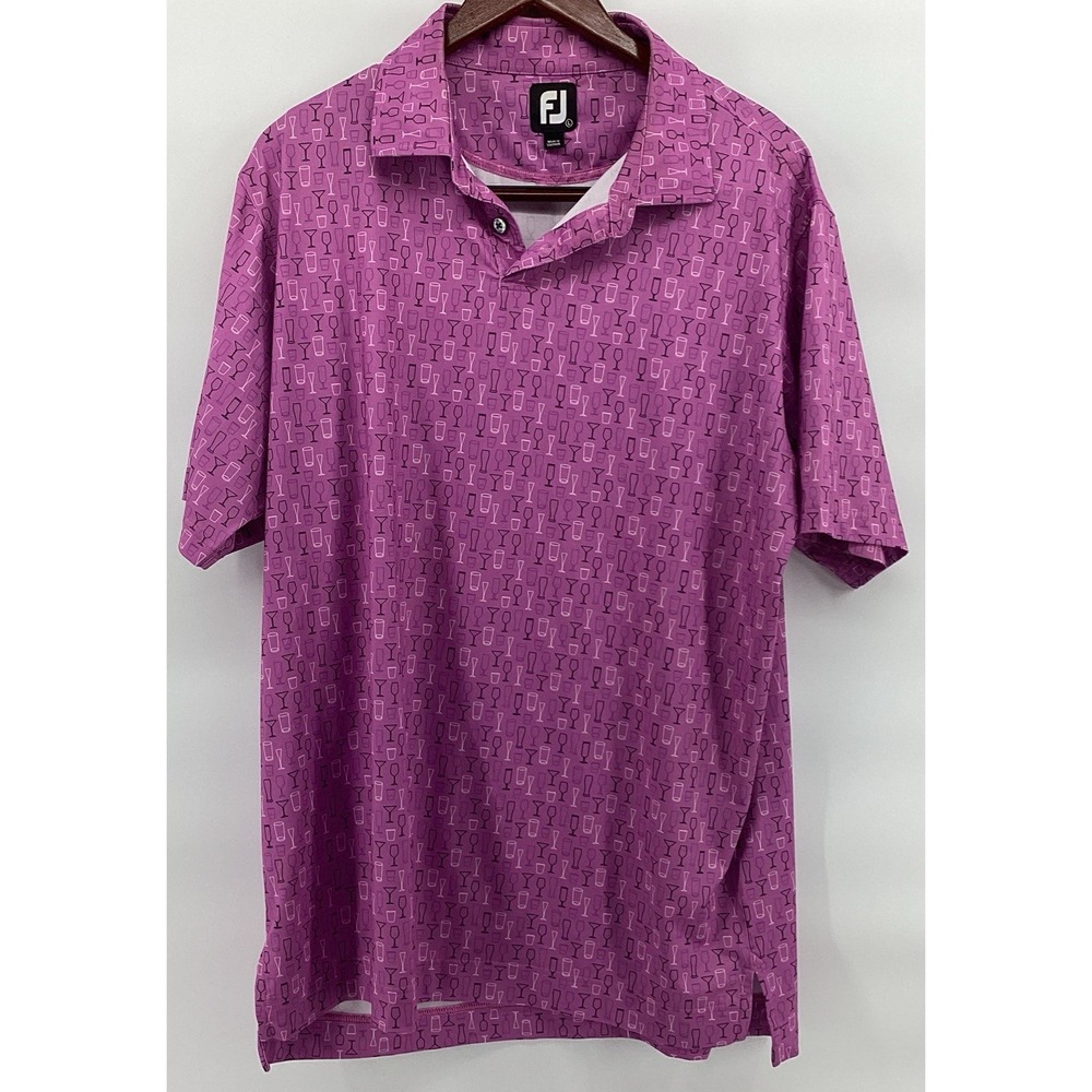 Footjoy Golf Shirt Mens L Athletic Fit Lisle Glass Print Self Collar Polo Orchid